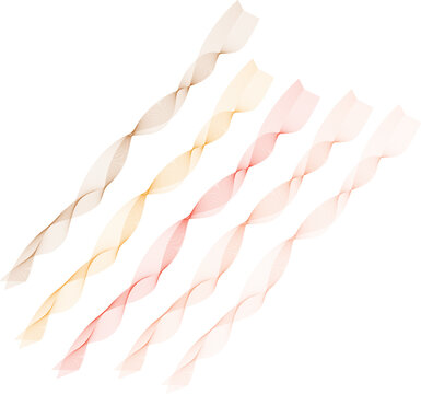 Five elegant translucent tulle fabric ribbons arranged diagonally with soft pastel gradient colors on a pure white background for delicate decorative design