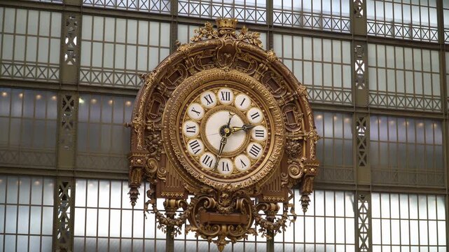 Interior view of the large clock in former Orsay railway station in Paris, France.	
