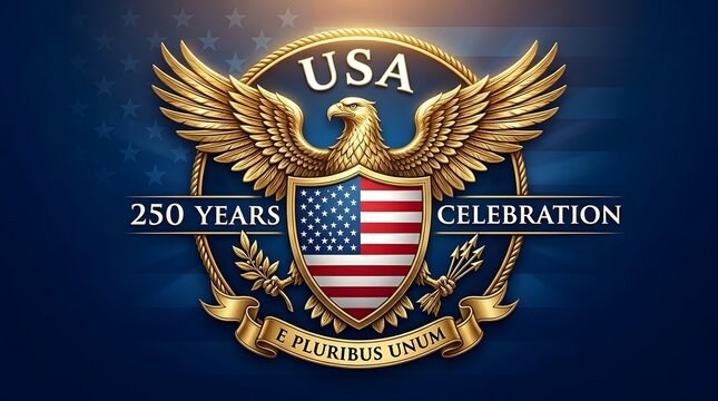 Vibrant gold USA 250 years celebration emblem with eagle shield and American flag on blue background with stars. Independence Day.