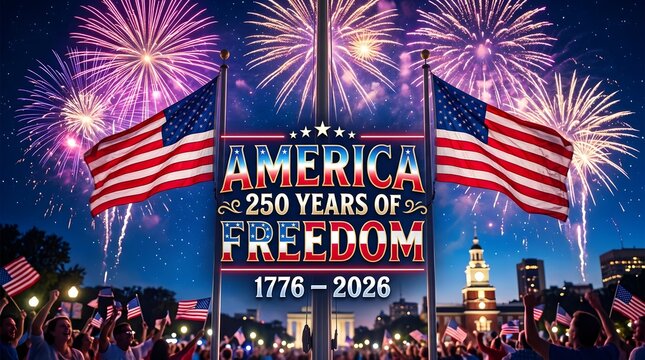 Vibrant fireworks exploding behind American flags and crowd celebrating 250 years of freedom in front of illuminated building at night. America