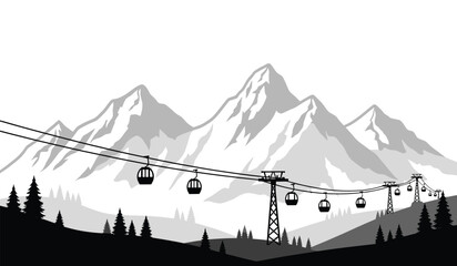mountain range and ski lift illustration with gondolas black and white scenic landscape high quality professional detailed modern elegant stylish clean crisp vibrant colorful © ARSM D