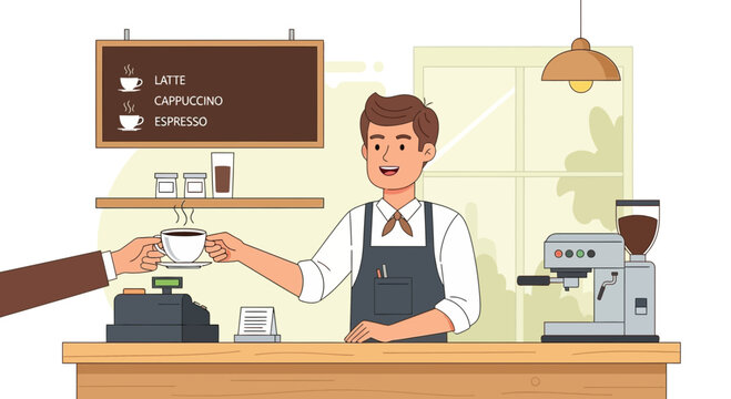 Barista serving coffee to customer at counter with espresso machine and menu
