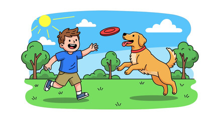 Fototapeta premium Boy playing frisbee with golden retriever dog in sunny park