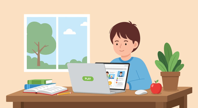 Boy studying online at home, e-learning, distance education, remote learning, digital classroom