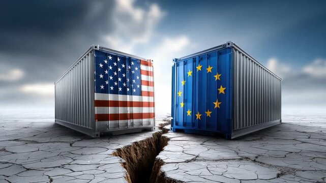 United States and European Union flags on shipping containers crashing together on a cracked ground, representing global trade frictions and economic challenges