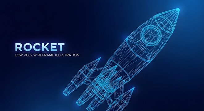 Digital wireframe rocket silhouette on dark blue background with wireframe illustration abstract background computer