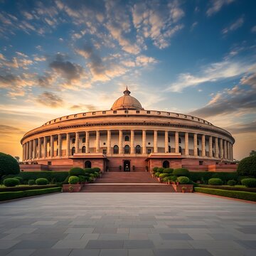 Grand circular parliament building with dome at sunrise
