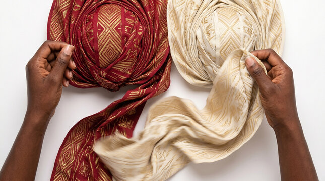 hands tying traditional African gele headwraps in red and gold fabric