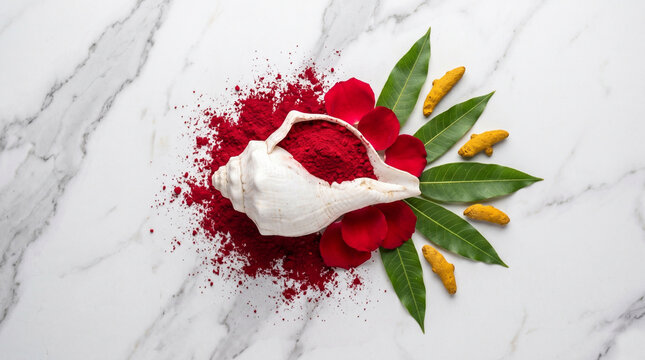 Traditional puja arrangement with white shankha shell, red kumkum powder and turmeric on marble