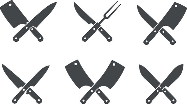 Butcher knife and meat cleaver silhouette set, crossed kitchen tools and grill equipment icons for restaurant and bbq design on transparent background