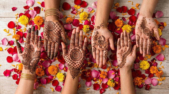 Women's hands with traditional henna mehndi tattoos over colorful flower petals