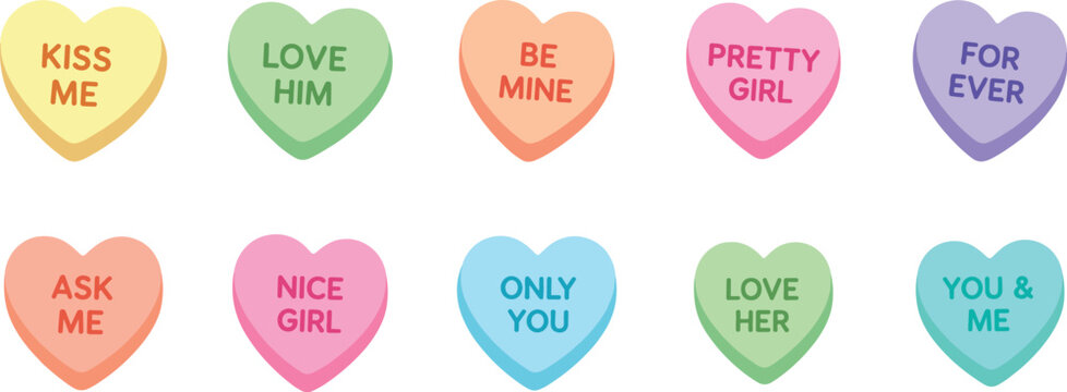 Valentine candy heart set with love messages, colorful sugar sweets collection and romantic dessert vector illustration on transparent background