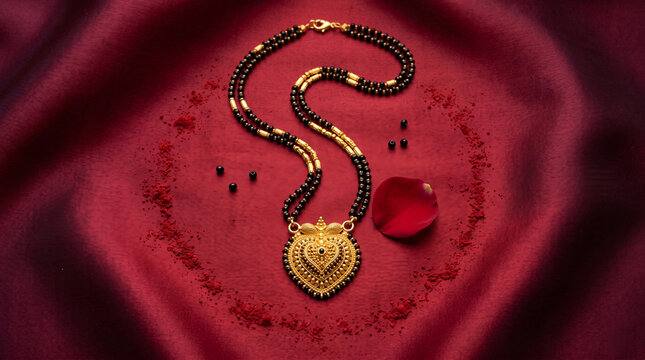 Traditional Indian Mangalsutra necklace with gold pendant on red silk background