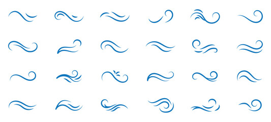 Hand drawn wind gust vector line art set featuring swirling air currents abstract curly breezes and decorative flourish elements for weather icons magical background designs and typography ornaments © RadheK 