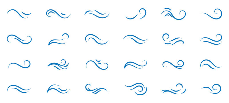 Hand drawn wind gust vector line art set featuring swirling air currents abstract curly breezes and decorative flourish elements for weather icons magical background designs and typography ornaments