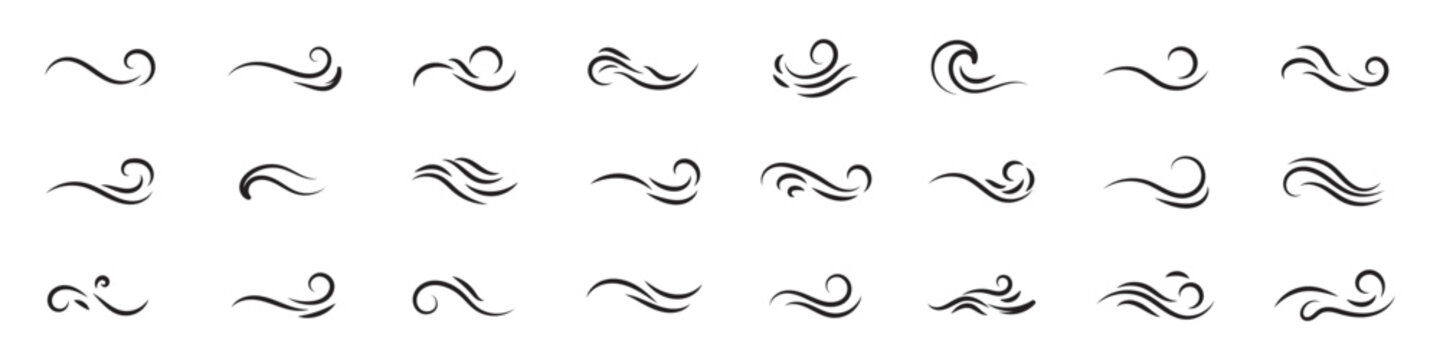 Hand drawn wind gust vector line art set featuring swirling air currents abstract curly breezes and decorative flourish elements for weather icons magical background designs and typography ornaments