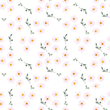 Pattern floreale con piccole margherite rosa e foglie verdi su sfondo bianco, utile a tessuti, carta da parati e prodotti di cancelleria