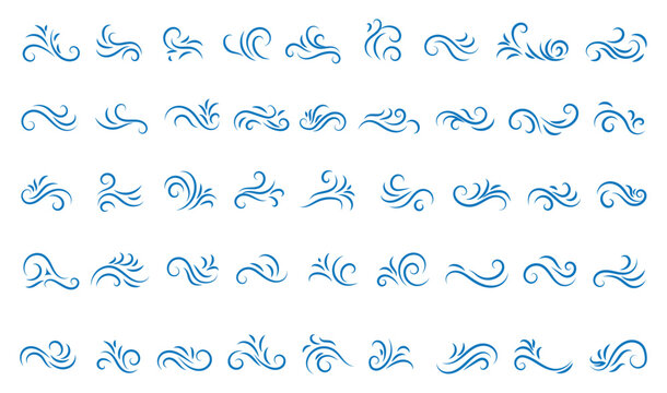 Strong wind line icon set. Windy weather, Airflow, wind flow symbol. Natural wind icons. Windy blow logo, label, badge, sticker, symbol, emblem, stamp, black, line, flat vector isolated illustration.