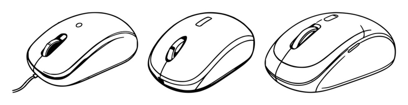 Wireless mouse set with sleek black line art on white background featuring precise cursor, ergonomic design, tech icon with minimal lines and digital aesthetics