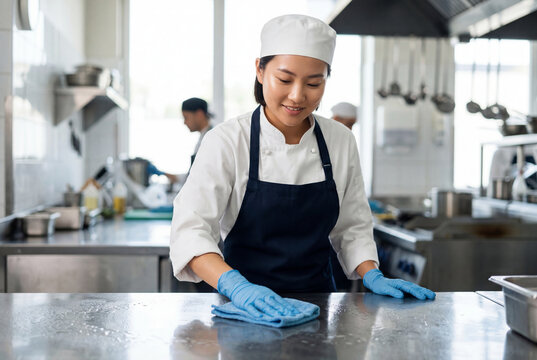 Female chef in uniform and gloves cleaning stainless steel kitchen counter