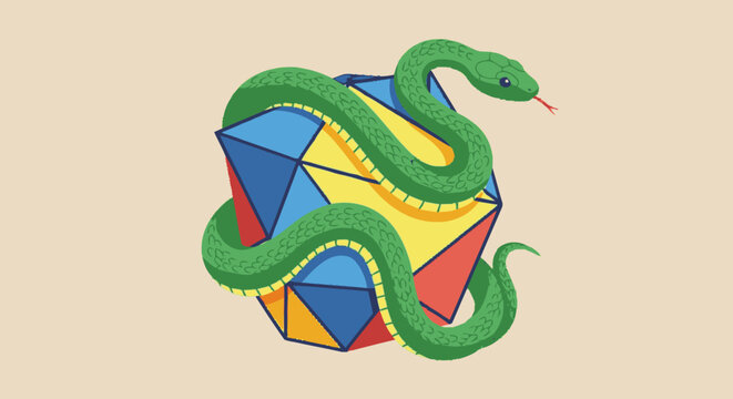 Green snake wrapped around colorful polyhedral d20 gaming die
