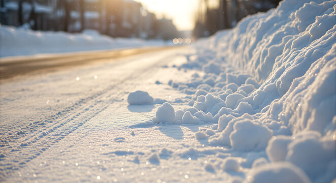Snow piles line a cleared road at golden hour, creating a serene winter urban landscape with soft sunlight and tranquil ambiance