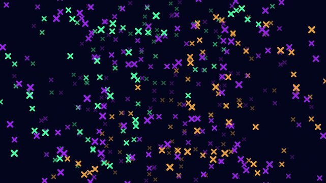 Abstract footage of neon plus signs drifting and twinkling across a dark background, creating a colorful tech style pattern for overlays, intros, and digital designs
