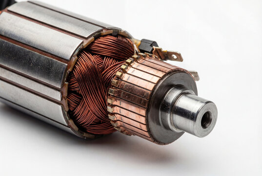 Close up of an electric motor armature showing copper coils and commutator
