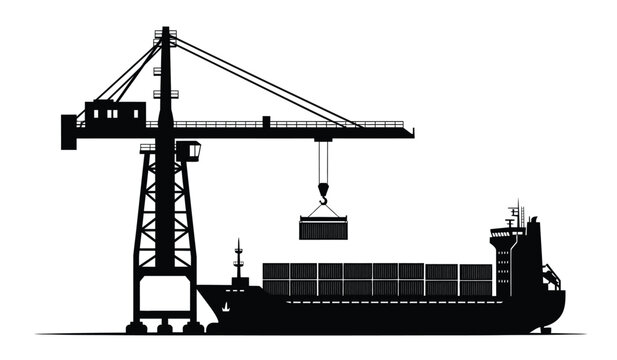 silhouette of a container ship and port crane against a white background high quality professional detailed modern elegant stylish clean crisp vibrant colorful digital