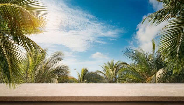 beige tabletop in jungle on sky background for product presentation concrete empty countertop with palm trees display case for beauty and drinks advertising