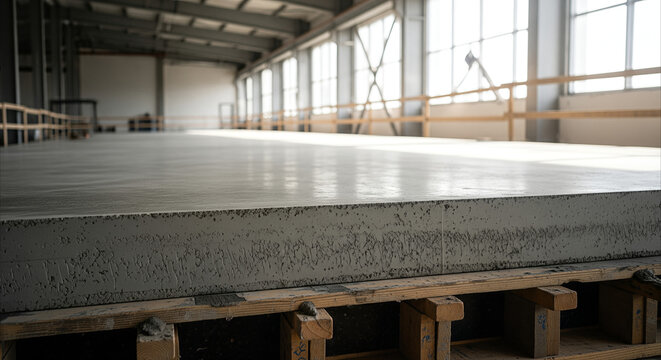 Monolithic concrete slab curing in a modern construction site with natural light and copy space