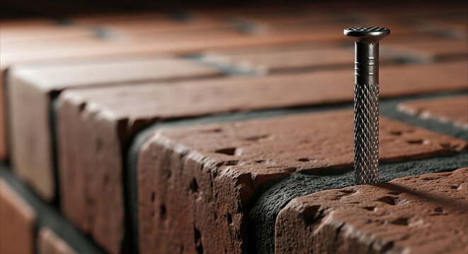 Silver dowel nail hammered into rough brick wall, offering ample copy space for design projects