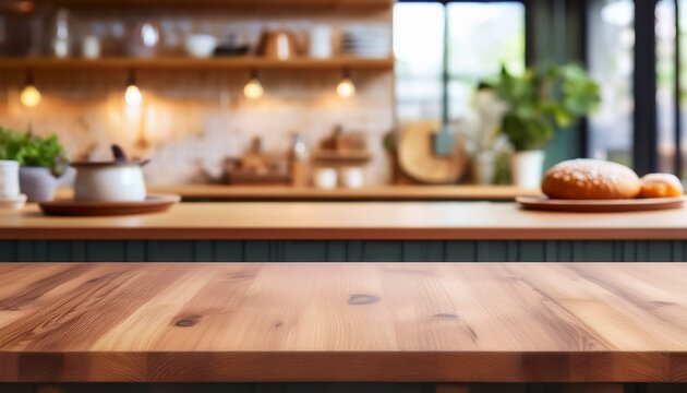 wooden tabletop on kitchen background in bakery empty tabletop in restaurant for food products presentation modern interior with blurred space