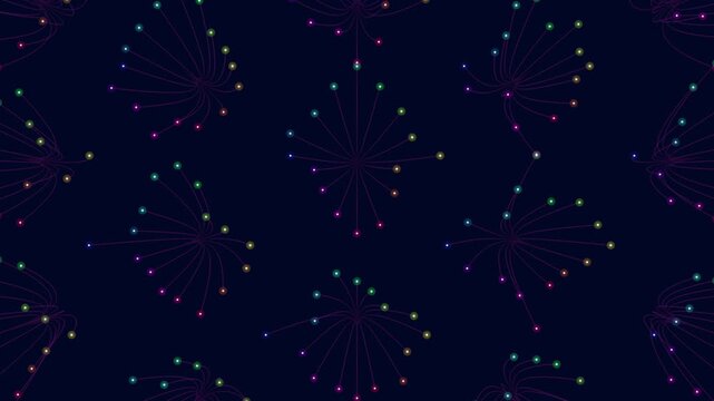 Abstract animation of colorful glowing nodes connected by thin lines on a dark blue background, forming a seamless particle network pattern for tech and data visuals