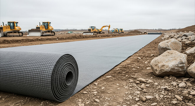 Geotextile fabric roll deployed for ground stabilization on a construction site with heavy machinery