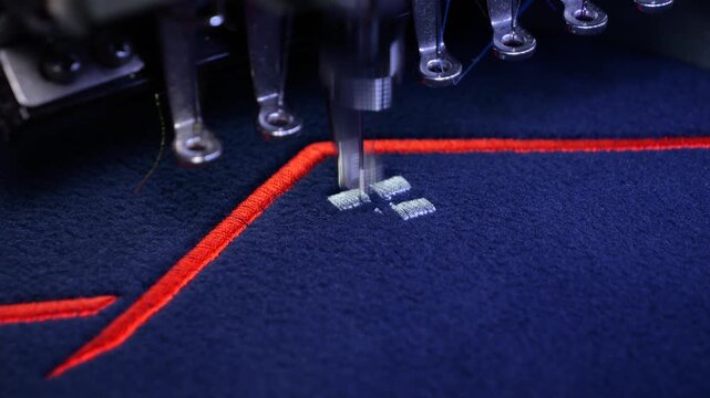 Machine embroidery on a black fleece blouse with red thread. House roof embroidery. Selective focus close-up.