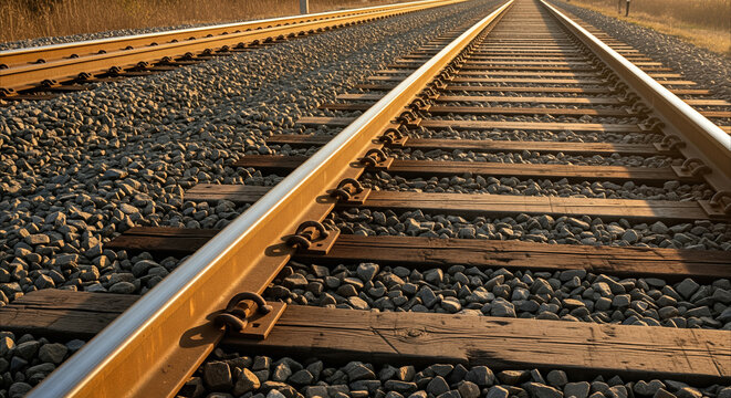 Train tracks receding into golden hour light, showing texture of gravel ballast and weathered wooden sleepers