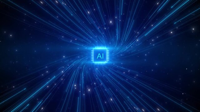 Glowing artificial intelligence chip radiating light streaks star particles forming futuristic data burst high speed digital environment. AI technology innovation themes, data processing, modern tech