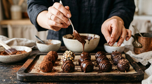 Artisan pastry chef garnishing handmade chocolate truffles with melted cocoa sauce and toppings on wooden board in rustic kitchen setting.