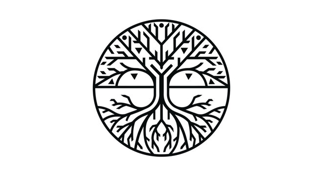 Minimalist black and white line art illustration of a stylized tree of life within a circular frame, featuring roots, branches, and subtle eye-like elements.