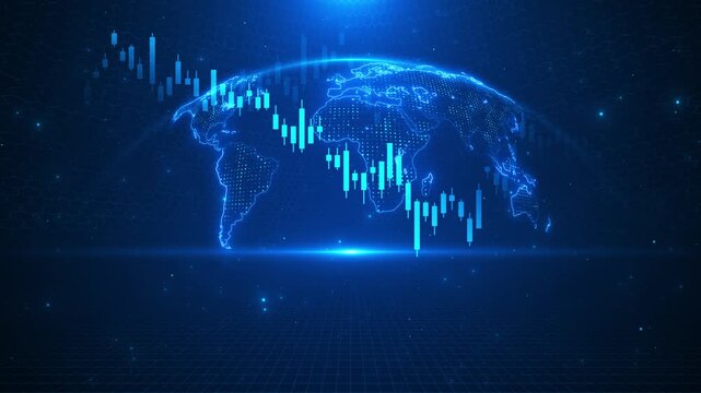 Digital world map glowing financial chart bars global data visualization trading market analysis environment futuristic style. finance visuals, stock market business analytics, global economy themes.