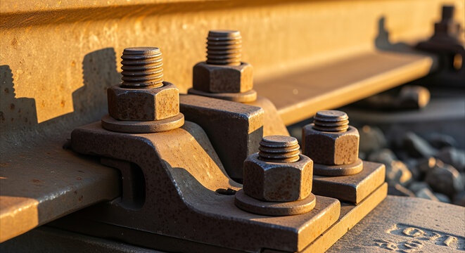 Close-up of rusty rail joint bolts and splice bar in warm golden hour light, detailed industrial texture.