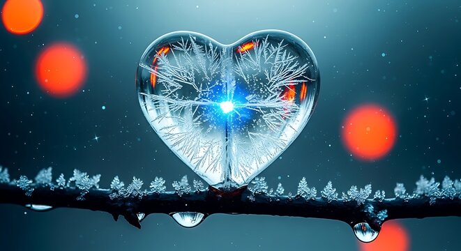 frozen glass heart with neural network glow and floating red orbs in winter night background