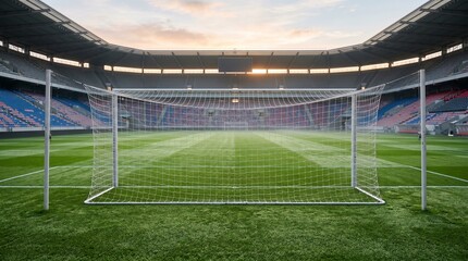 Fototapeta premium A pristine football goal post on a freshly cut green pitch, early morning dew, empty stadium gallery, soft sunlight, ultra realistic, 4K