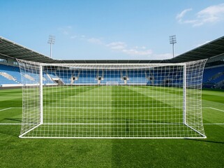 Naklejka premium Clean goal net with no sagging, perfectly mowed grass, symmetrical empty gallery, high clarity
