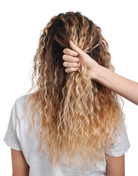 Hairstylist and woman with tangled hair on white background, closeup
