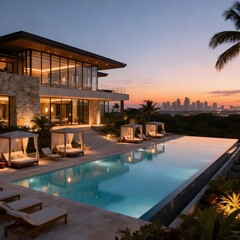 Fototapeta premium Luxury clubhouse with infinity pool at sunset