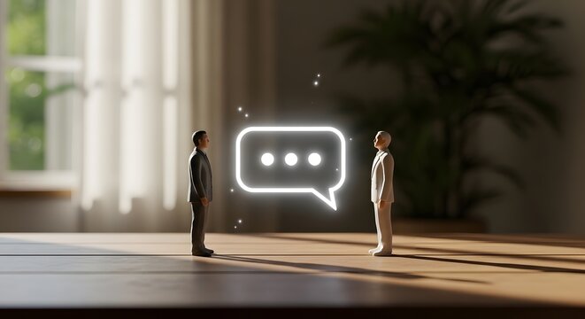 Two miniature businessmen standing on a wooden table with a glowing neon speech bubble icon. Conceptual 3D render representing professional communication, networking, and business dialogue