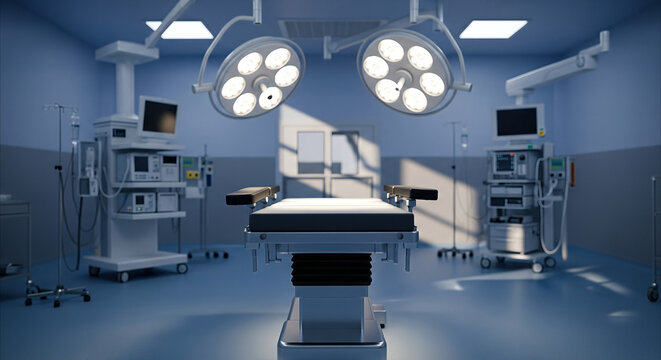 Modern hospital operating room with surgical table and lights, ready for procedure, advanced medical technology, clean clinical atmosphere.
