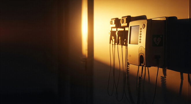 Wall-mounted automated external defibrillator with coiled electrodes, illuminated by warm sunset light, conveying urgent medical response and safety.